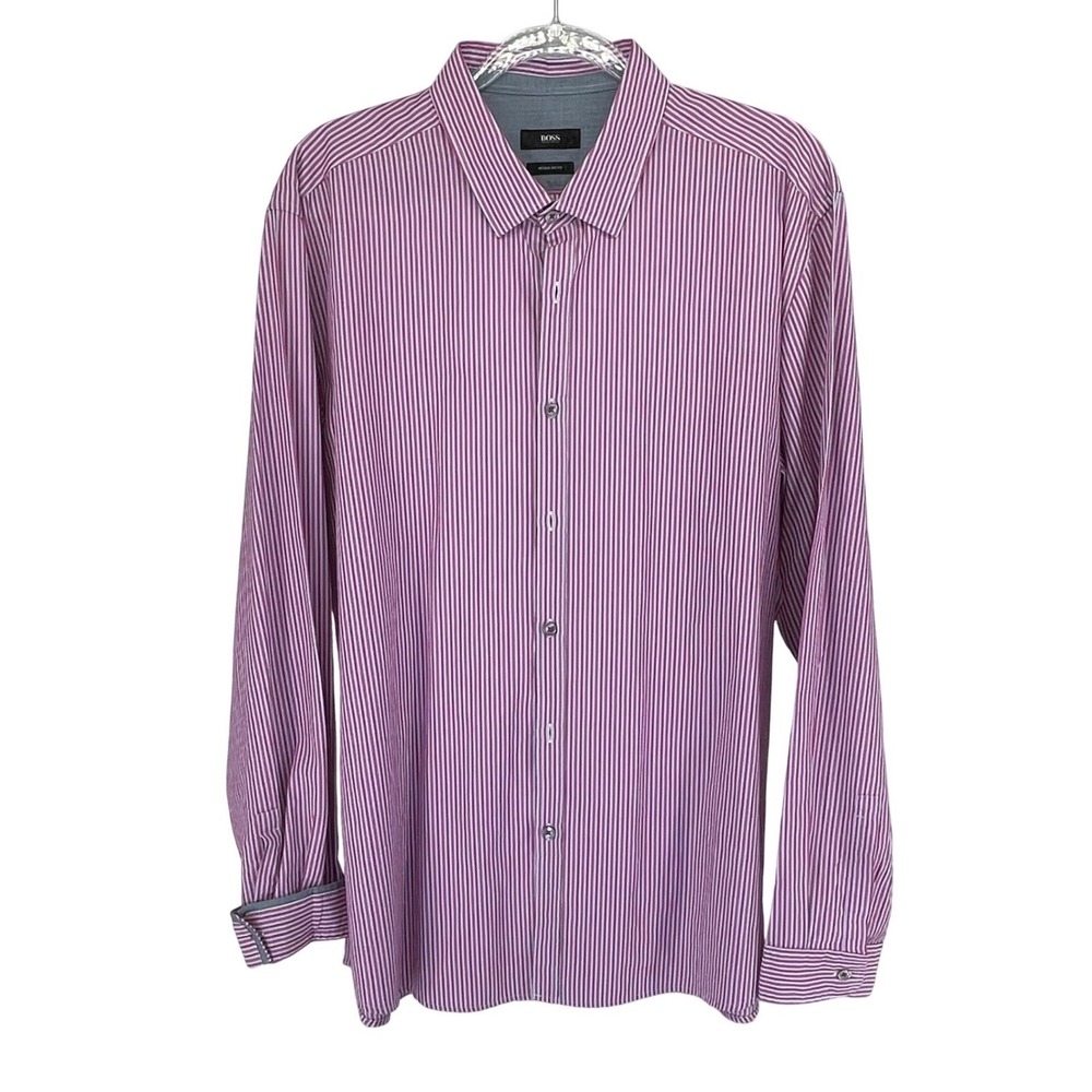 BOSS Hugo Boss Mens Striped Dress Shirt Regular Fit Purple White Long Sleeve 2XL